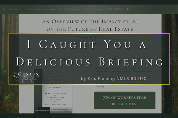 Promotional graphic for "I Caught You a Delicious Briefing" by Kris Fleming, featuring an overview of AI's impact on the future of real estate investing and a note that 72% of workers fear displacement. Promotional graphic for "I Caught You a Delicious Briefing" by Kris Fleming, featuring an overview of AI's impact on the future of real estate investing and a note that 72% of workers fear displacement.