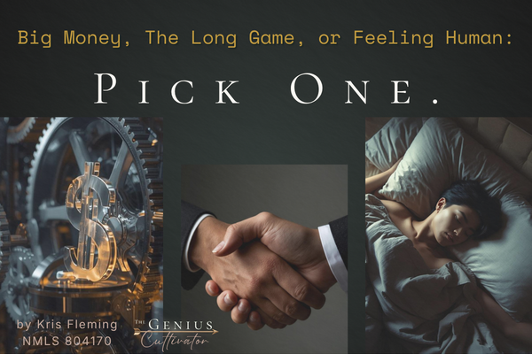A conceptual graphic comparing a business handshake with a person resting, featuring the headline 'Big Money, The Long Game, or Feeling Human: PICK ONE.