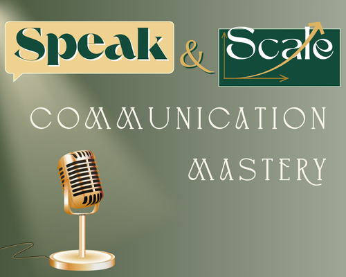 Promotional image for Communication Mastery group coaching, titled 'Speak & Scale,' showing a classic studio microphone and event details for Freya’s Arbor members.