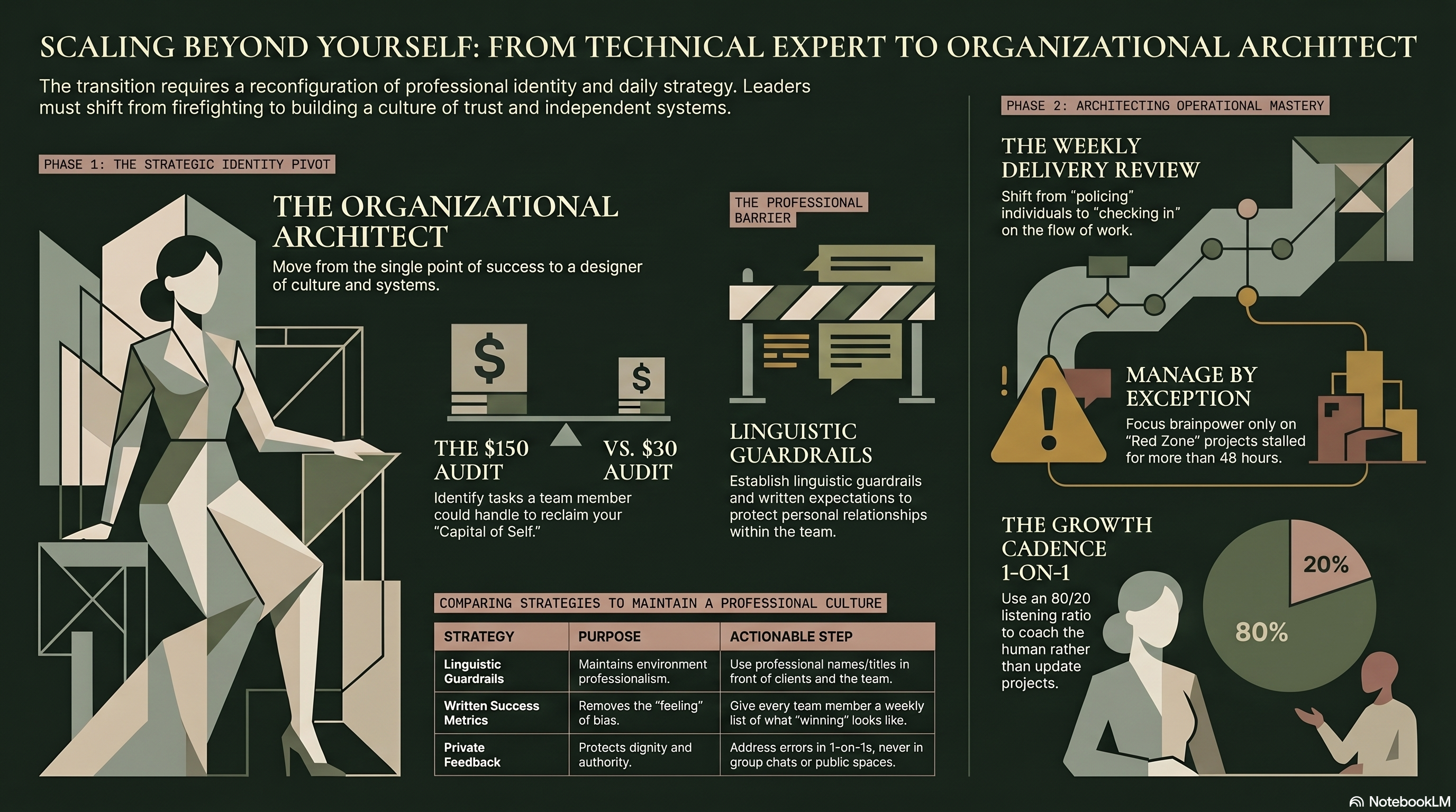Infographic outlining 5 shifts to scale a business beyond the founder, including the $150 vs. $30 audit, linguistic guardrails for family businesses, and managing by exception. Based on "Scaling Beyond Yourself" by Kris Fleming.