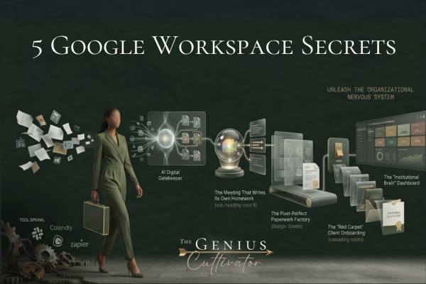 Editorial fashion illustration of a faceless woman moving from tool sprawl toward a glowing, automated Google Workspace nervous system in forest green and gold.
