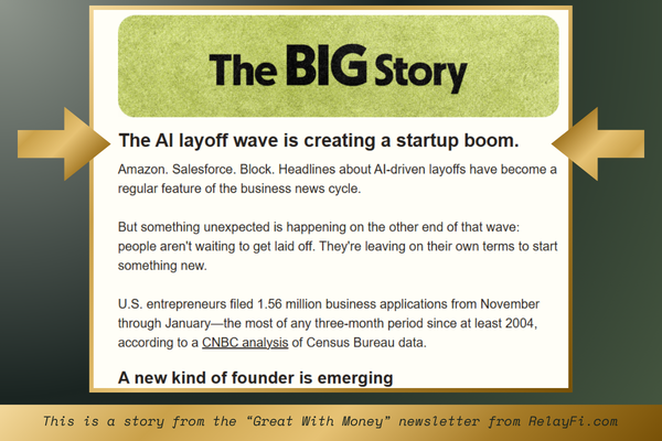 Screenshot of a headline from RelayFi.com - The AI Layoff Wave is Causing A Startup Boom Screenshot of a headline from RelayFi.com - The AI Layoff Wave is Causing A Startup Boom