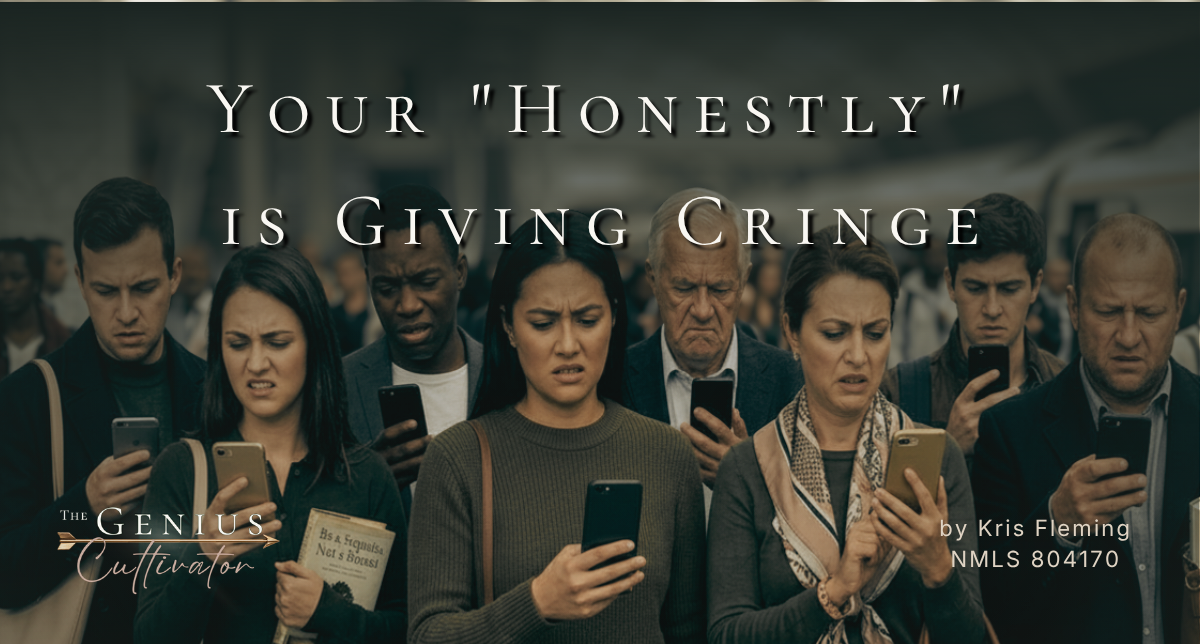 A diverse group of individuals focused entirely on their phone screens, featuring an overlay of the title 'Your Honestly is Giving Cringe' by Kris Fleming. A diverse group of individuals focused entirely on their phone screens, featuring an overlay of the title 'Your Honestly is Giving Cringe' by Kris Fleming.
