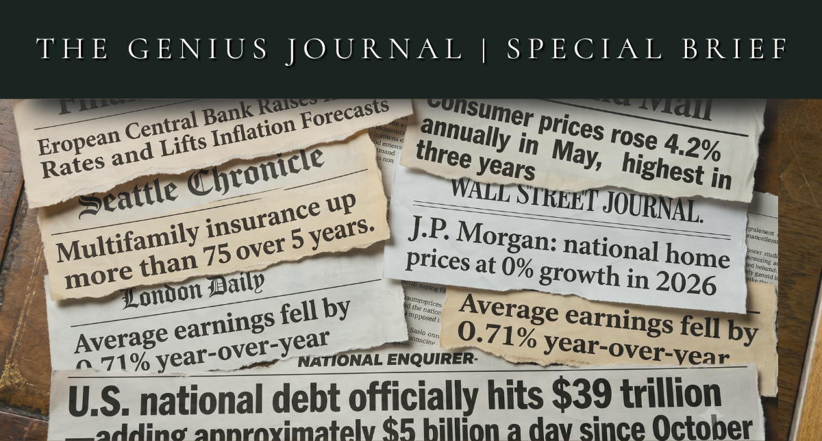 The Genius Journal | Special Brief" blog header image featuring a stylized arrangement of torn newspaper articles detailing the 2026 stagflationary economy. Headlines highlight a 4.2% spike in consumer prices , a 0.71% drop in real earnings , flatlining home prices , soaring multifamily insurance costs , and the U.S. national debt reaching $39 trillion. The Genius Journal | Special Brief" blog header image featuring a stylized arrangement of torn newspaper articles detailing the 2026 stagflationary economy. Headlines highlight a 4.2% spike in consumer prices , a 0.71% drop in real earnings , flatlining home prices , soaring multifamily insurance costs , and the U.S. national debt reaching $39 trillion.
