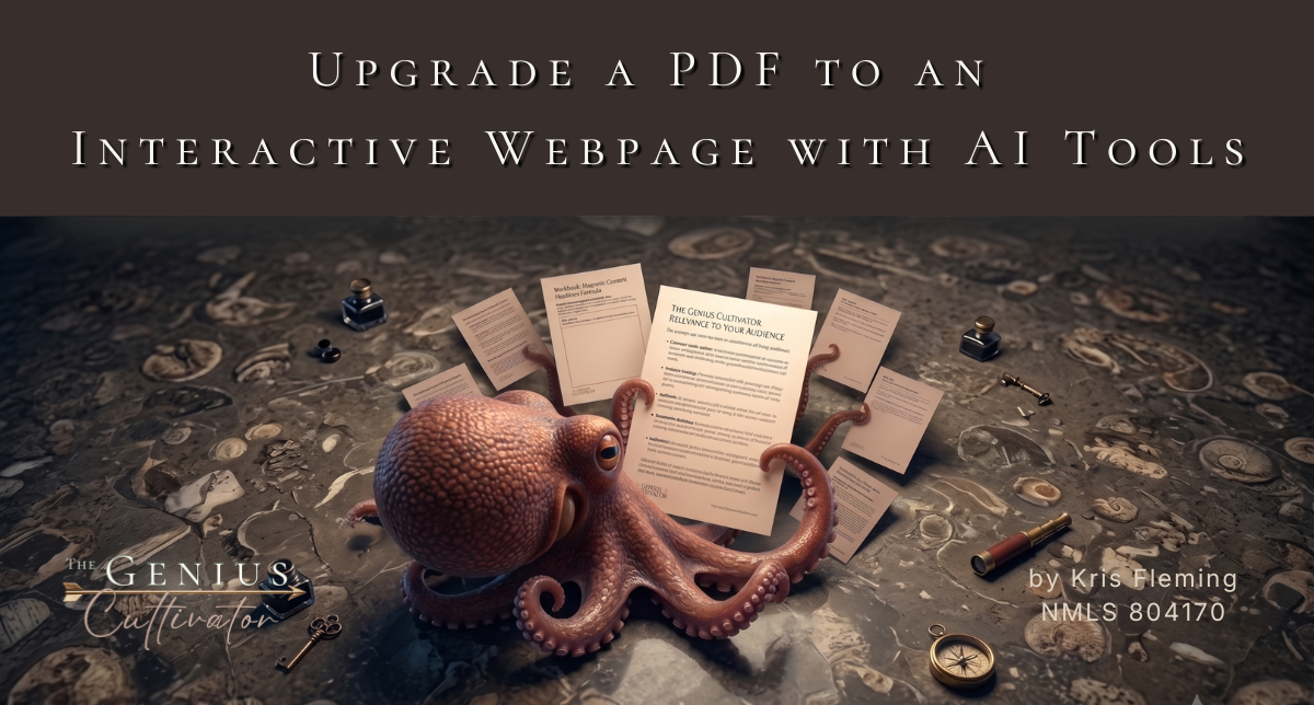 A realistic brown octopus on a stone background surrounded by vintage nautical items, holding scattered paper pages and a central document titled The Genius Cultivator. A realistic brown octopus on a stone background surrounded by vintage nautical items, holding scattered paper pages and a central document titled The Genius Cultivator.
