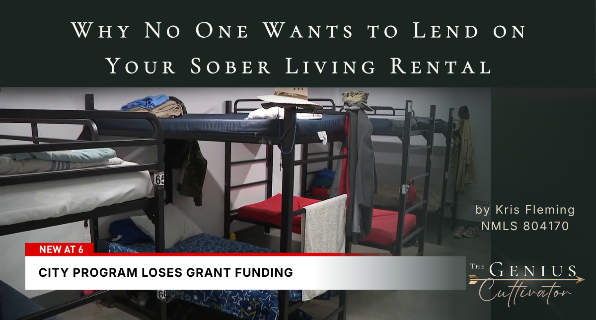 Sober living rental room with institutional bunk beds and a breaking news banner about lost grant funding. Sober living rental room with institutional bunk beds and a breaking news banner about lost grant funding.