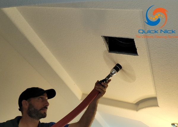 The air duct cleaning hose loosens buildup with the spinning brush and vacuums it away The air duct cleaning hose loosens buildup with the spinning brush and vacuums it away