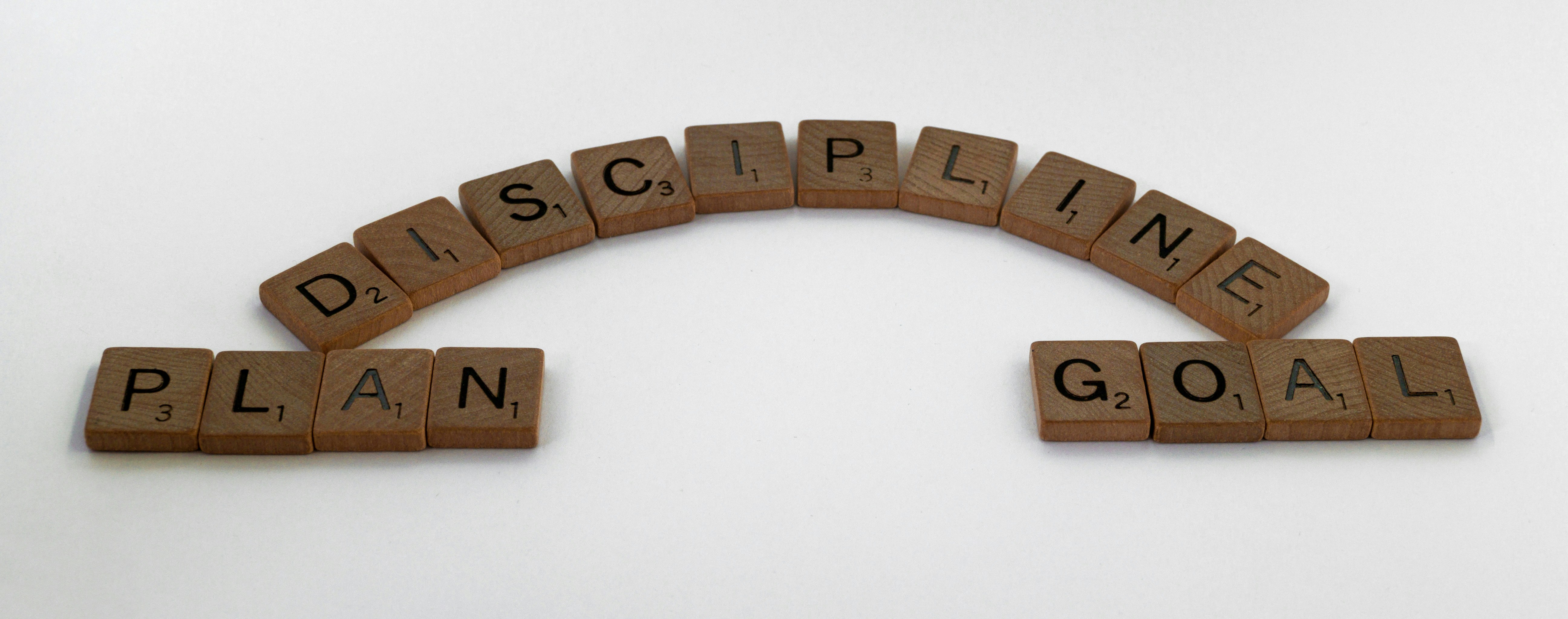 Tiles spelling 'Plan, discipline, goal' Tiles spelling 'Plan, discipline, goal'