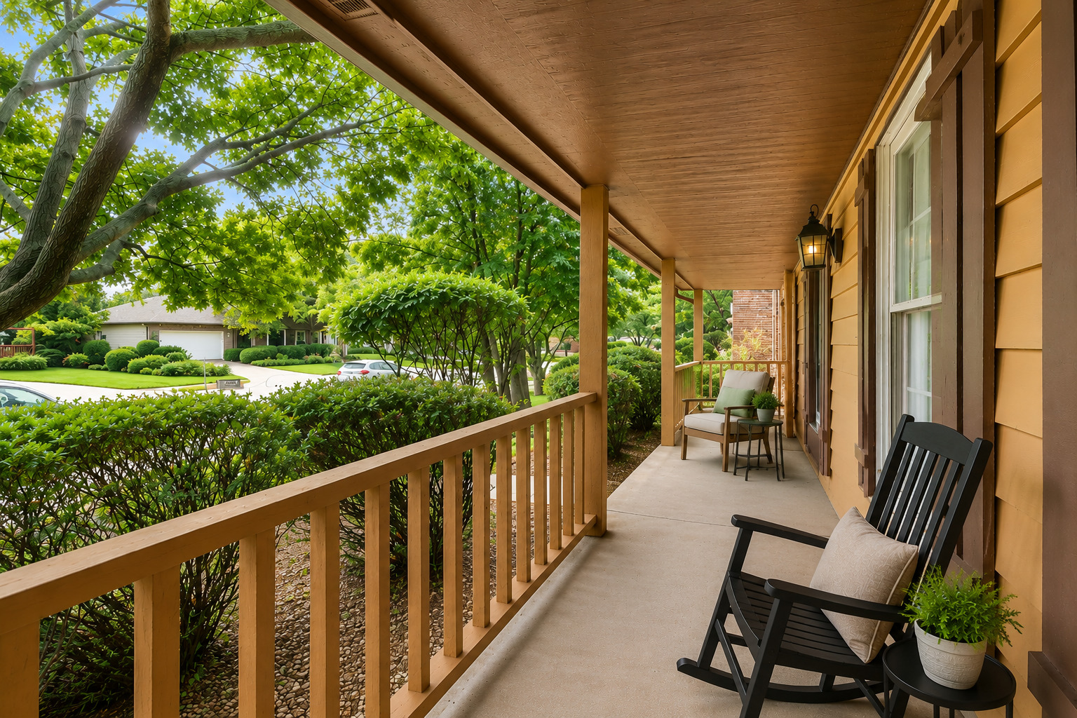 Cozy front porch with chairs creating a welcoming entrance for a North Naperville home. Cozy front porch with chairs creating a welcoming entrance for a North Naperville home.