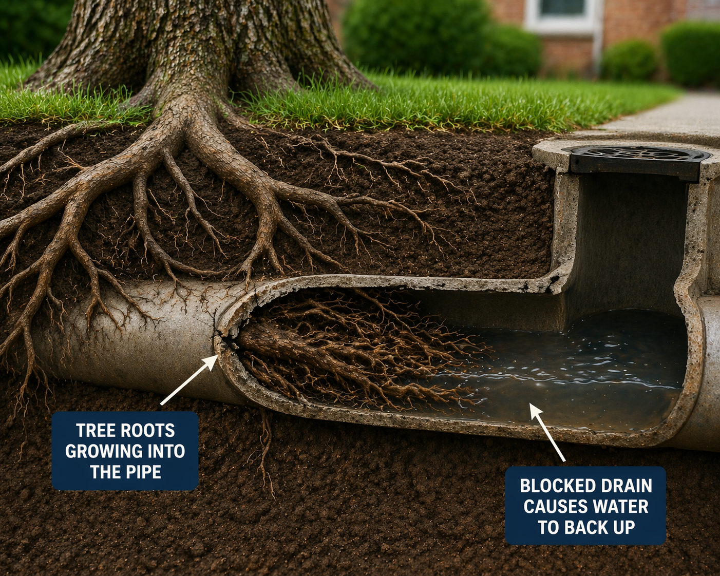 tree roots blocking underground pipe excavation drain