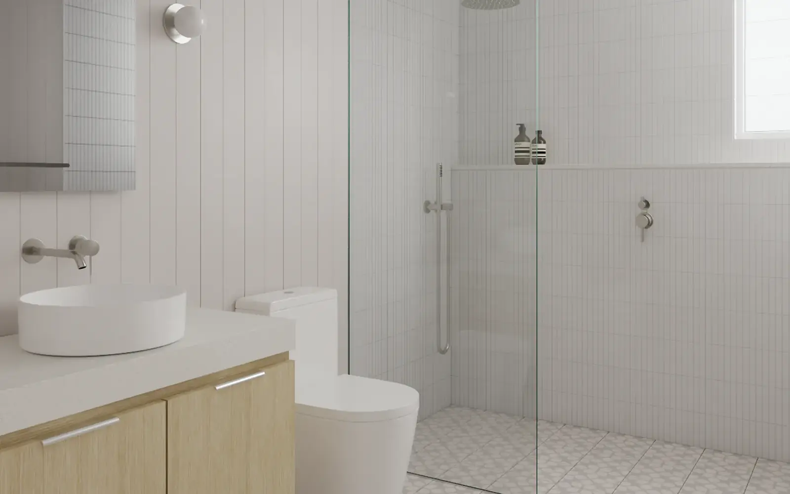 Coastal inspired bathroom with vertical panelling, timber vanity and walk in shower