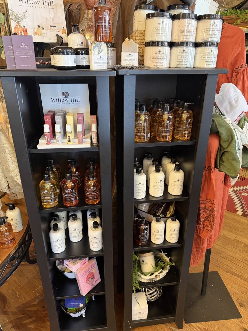 Willow Hill Soap Company artisan wash, lotion and whipped sugar scrub on the shelf