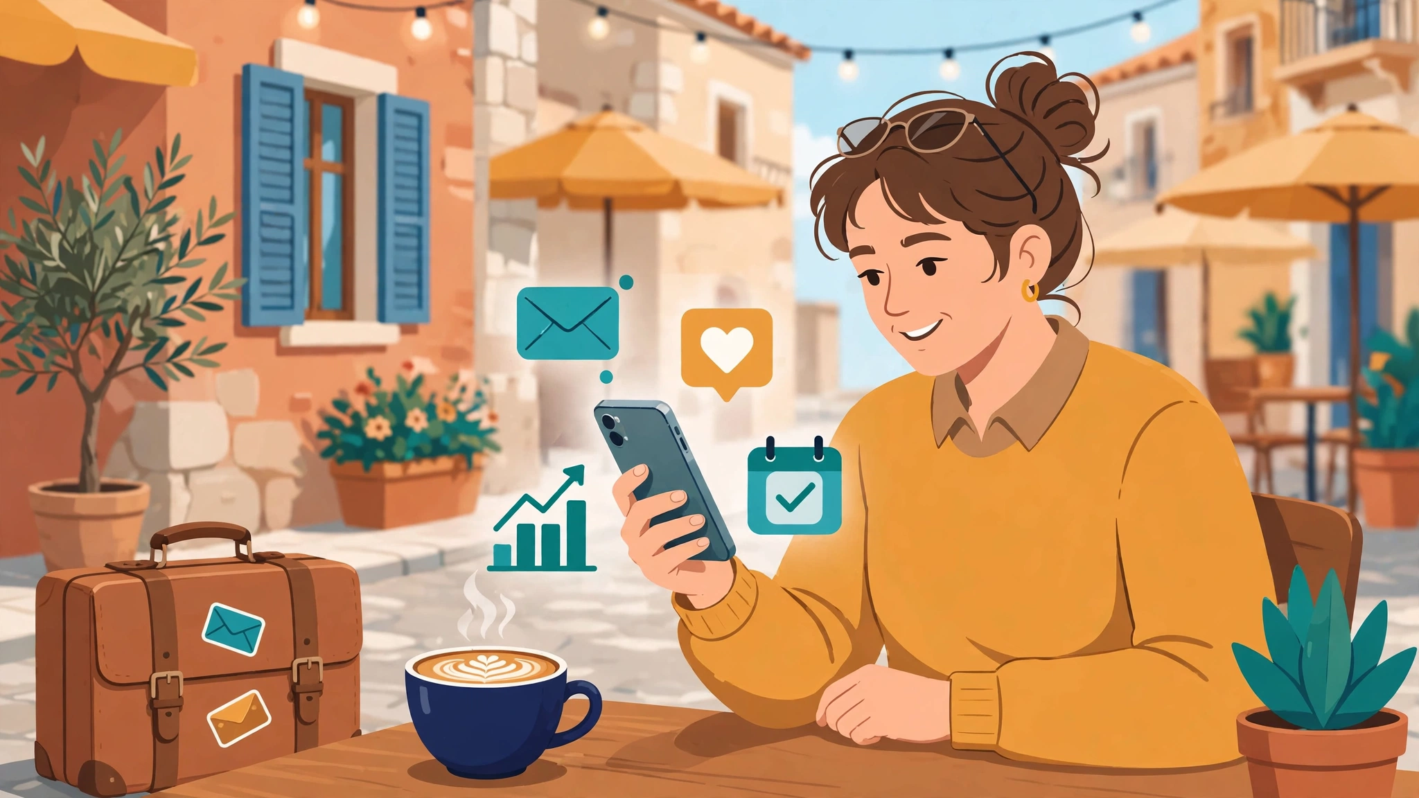 Illustration: a business owner relaxed at a Mediterranean café, coffee in front of her and suitcase beside her, checking her phone while email, engagement, booking and sales notifications float around it — her marketing system running on its own while she travels.