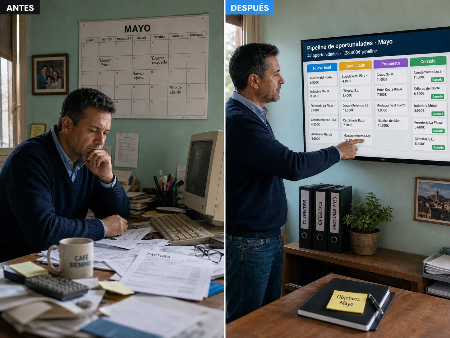 Antes y después en la empresa: a la izquierda mira un calendario de pared casi vacío, a la derecha un monitor con pipeline de oportunidades en el CRM