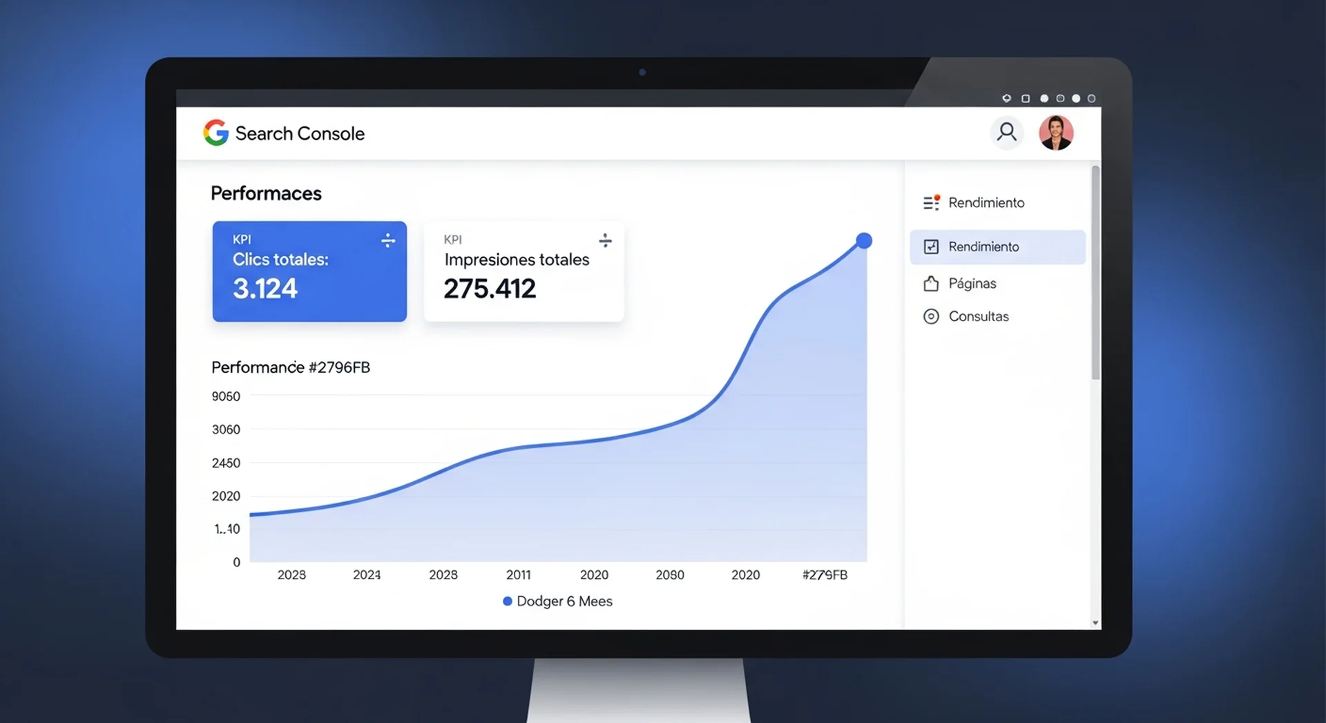 Google Search Console · 275.412 impresiones y 3.124 clics en 6 meses