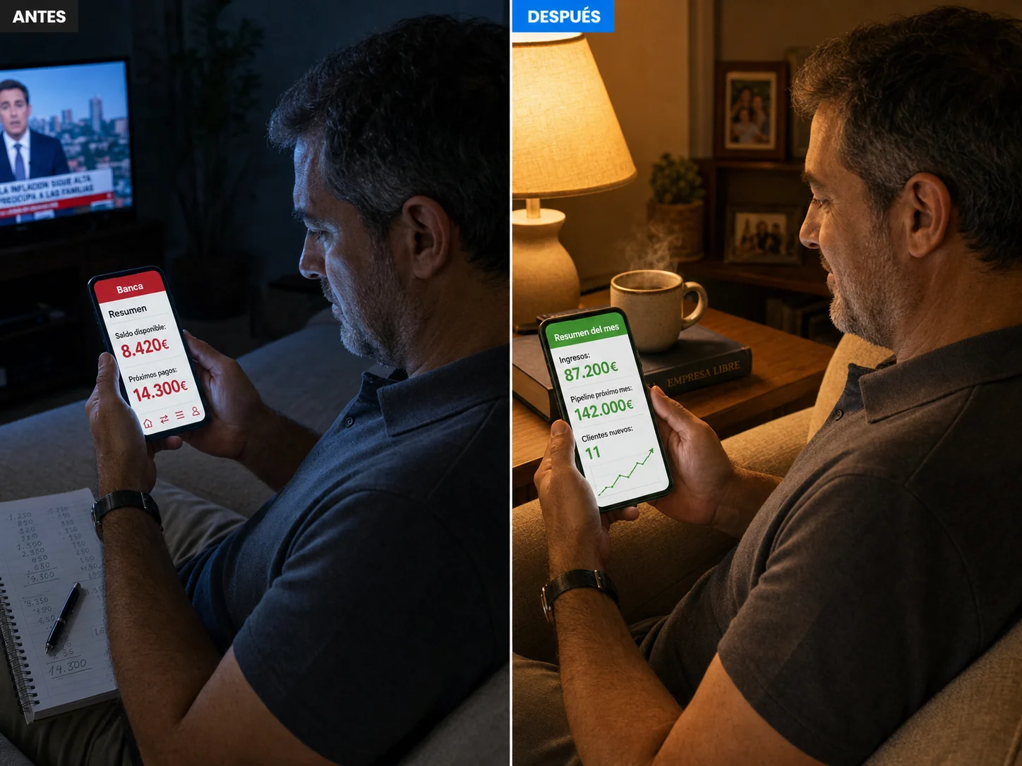 Antes y después por la noche en el sofá: a la izquierda mira preocupado la app de banca con saldo y pagos en rojo, a la derecha sonríe leyendo el resumen del mes con ingresos, pipeline y clientes nuevos en verde