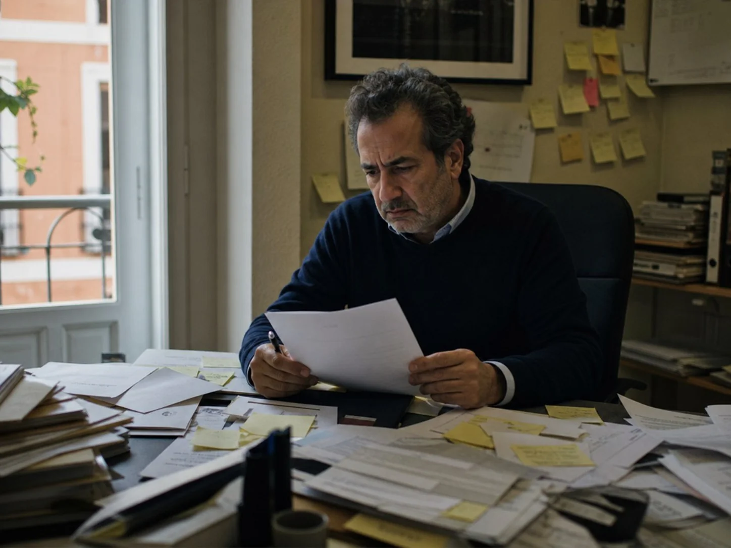 Empresario español en su escritorio mirando el móvil con resultados de Google y gesto de frustración