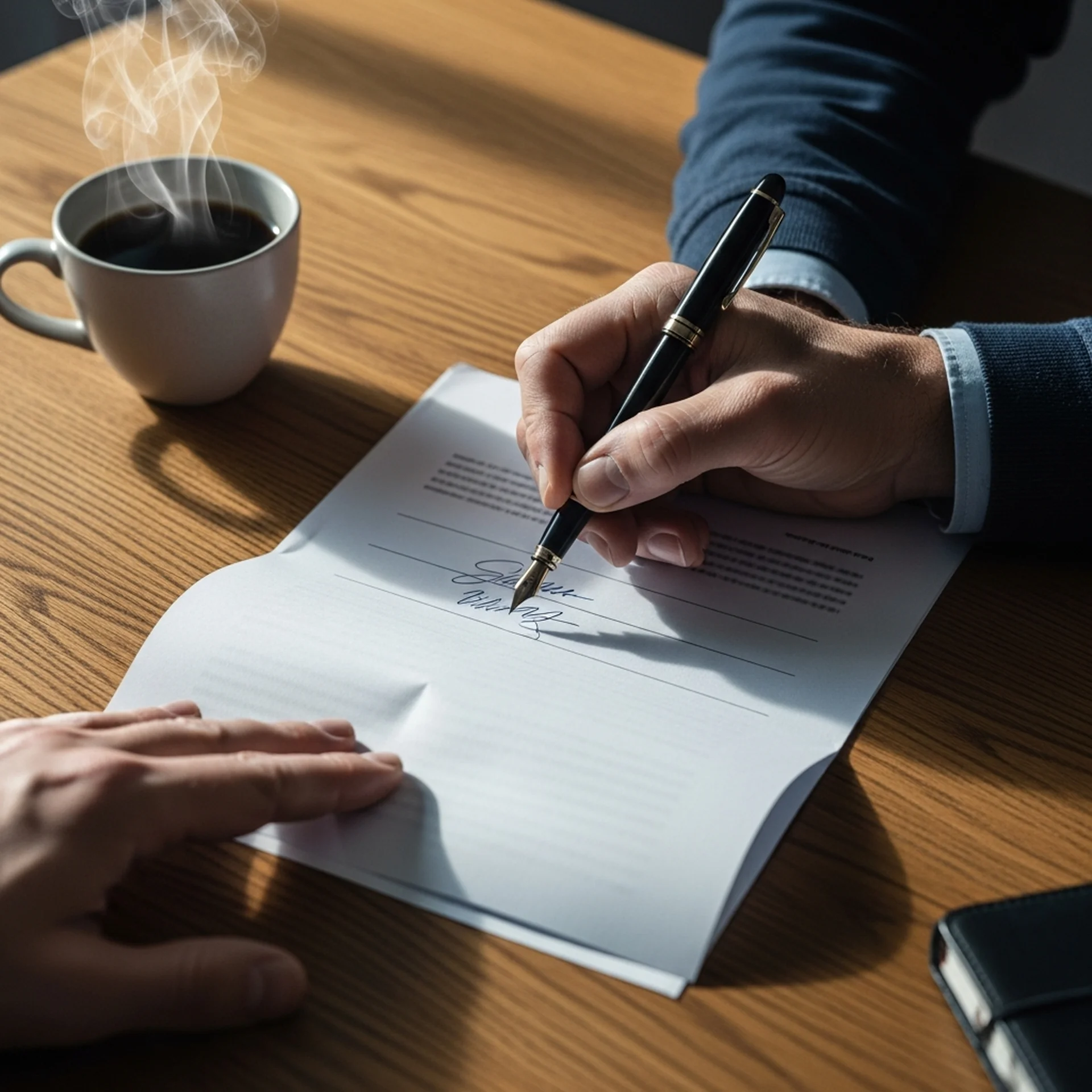 Manos firmando un contrato sobre mesa de madera