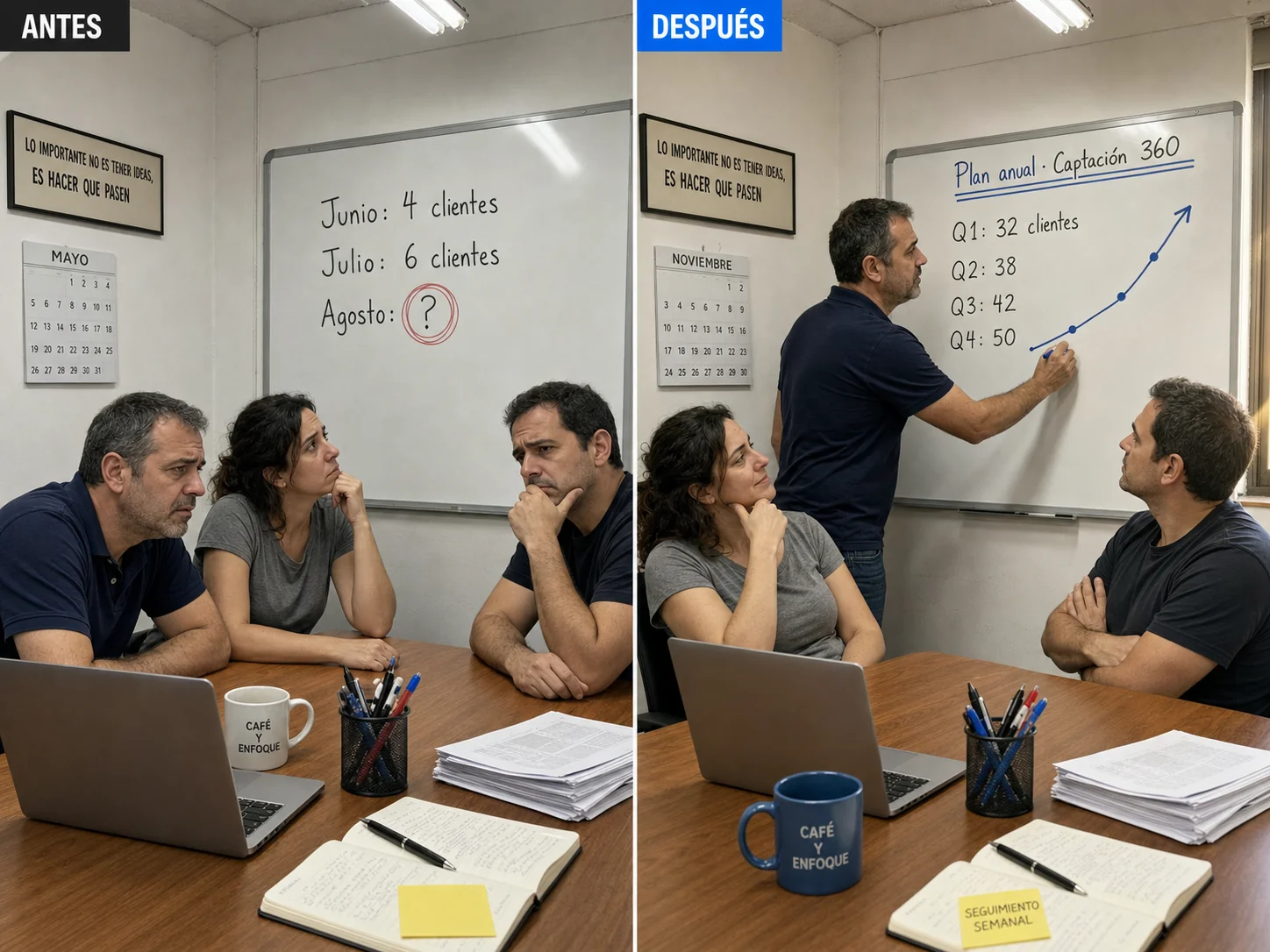 Antes y después en una reunión de equipo: a la izquierda la pizarra muestra preguntas sobre cuántos clientes vendrán, a la derecha la pizarra muestra el plan anual de captación con objetivos por trimestre
