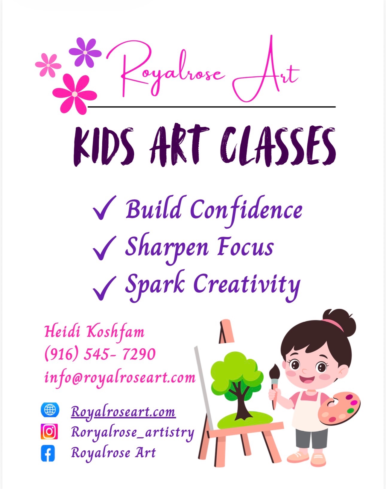 Kids' art classes flyer — build confidence, sharper focus, spark creativity