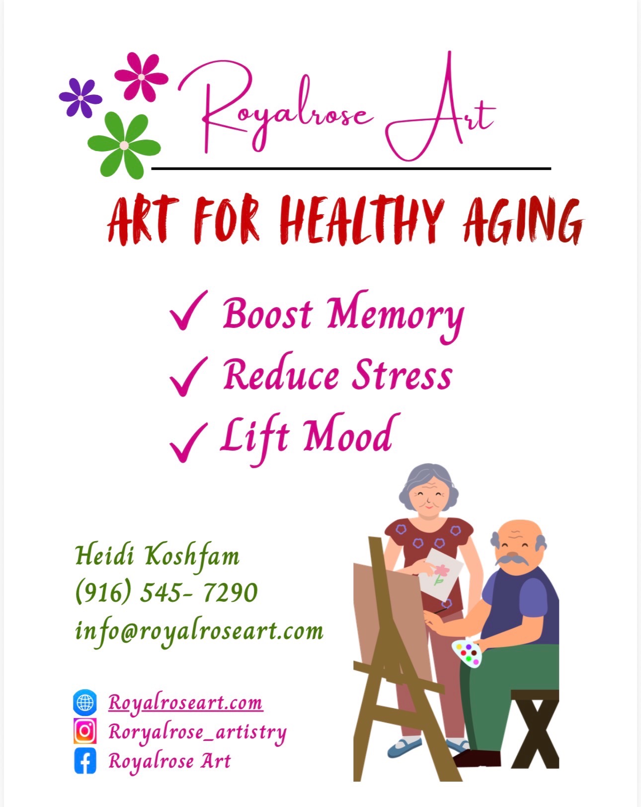 Adult art classes flyer — reduce stress, sharper focus, feel balanced