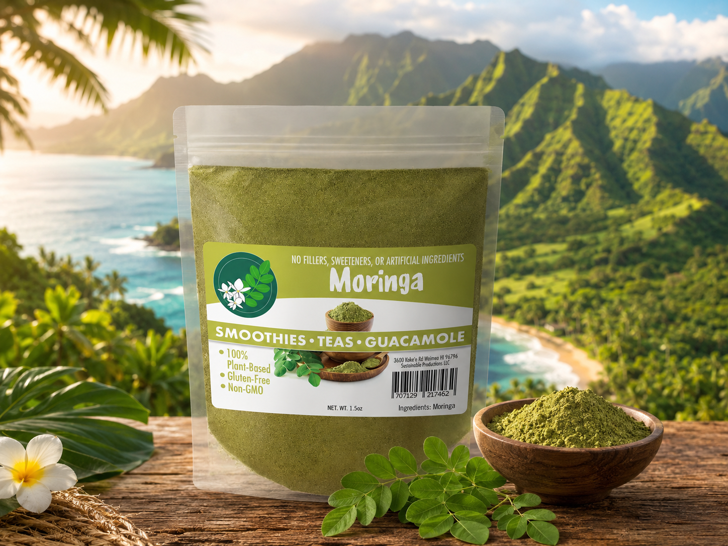 Kaua‘i Moringa product in a tropical Kaua‘i setting