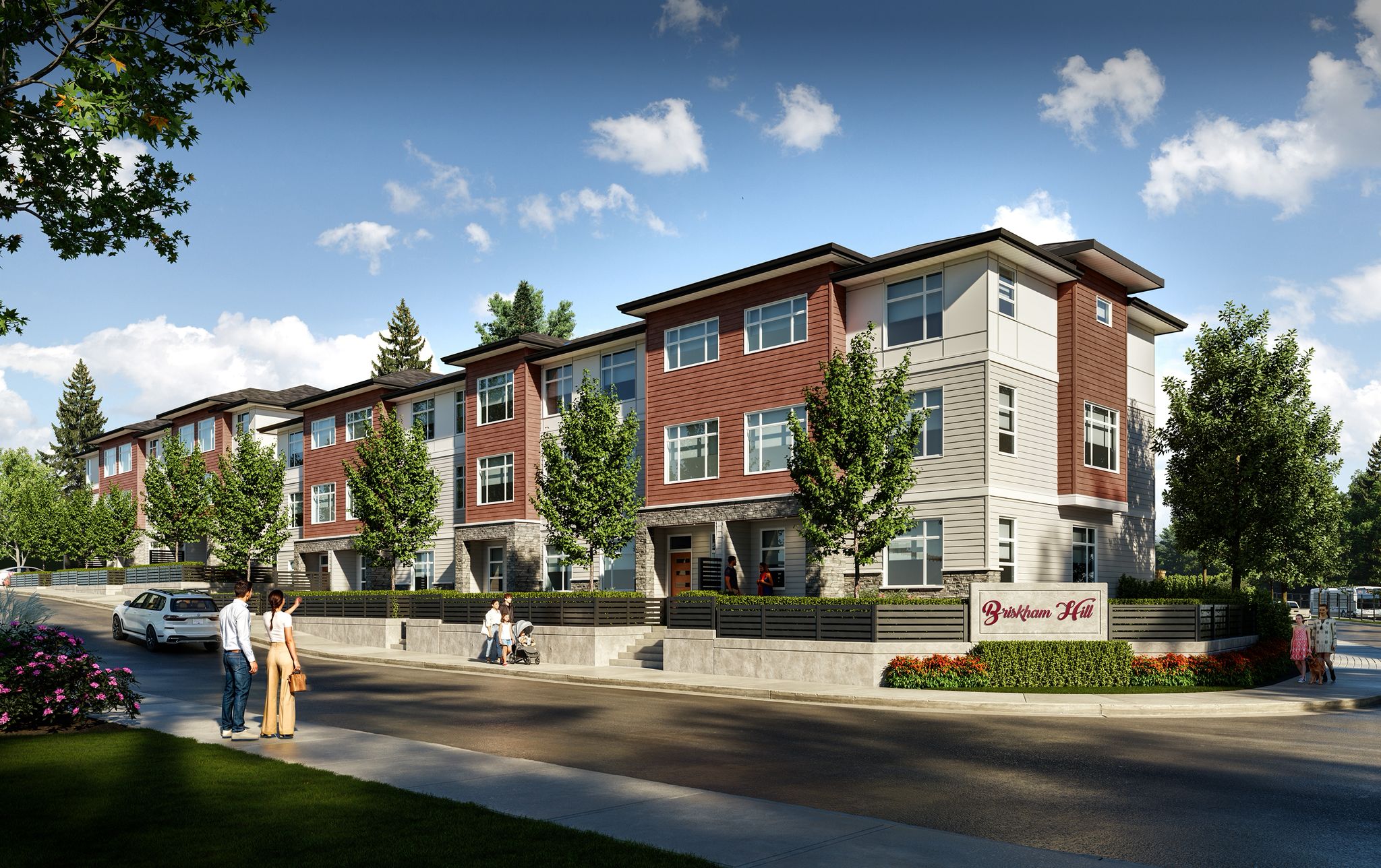 Exterior streetscape of Briskham Hill modern townhomes in Mission, BC
