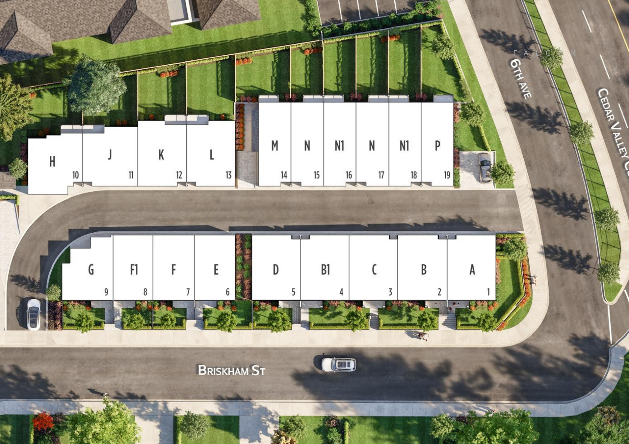 Aerial site plan of Briskham Hill showing all 19 townhome lots along Briskham Street and Cedar Valley Connector