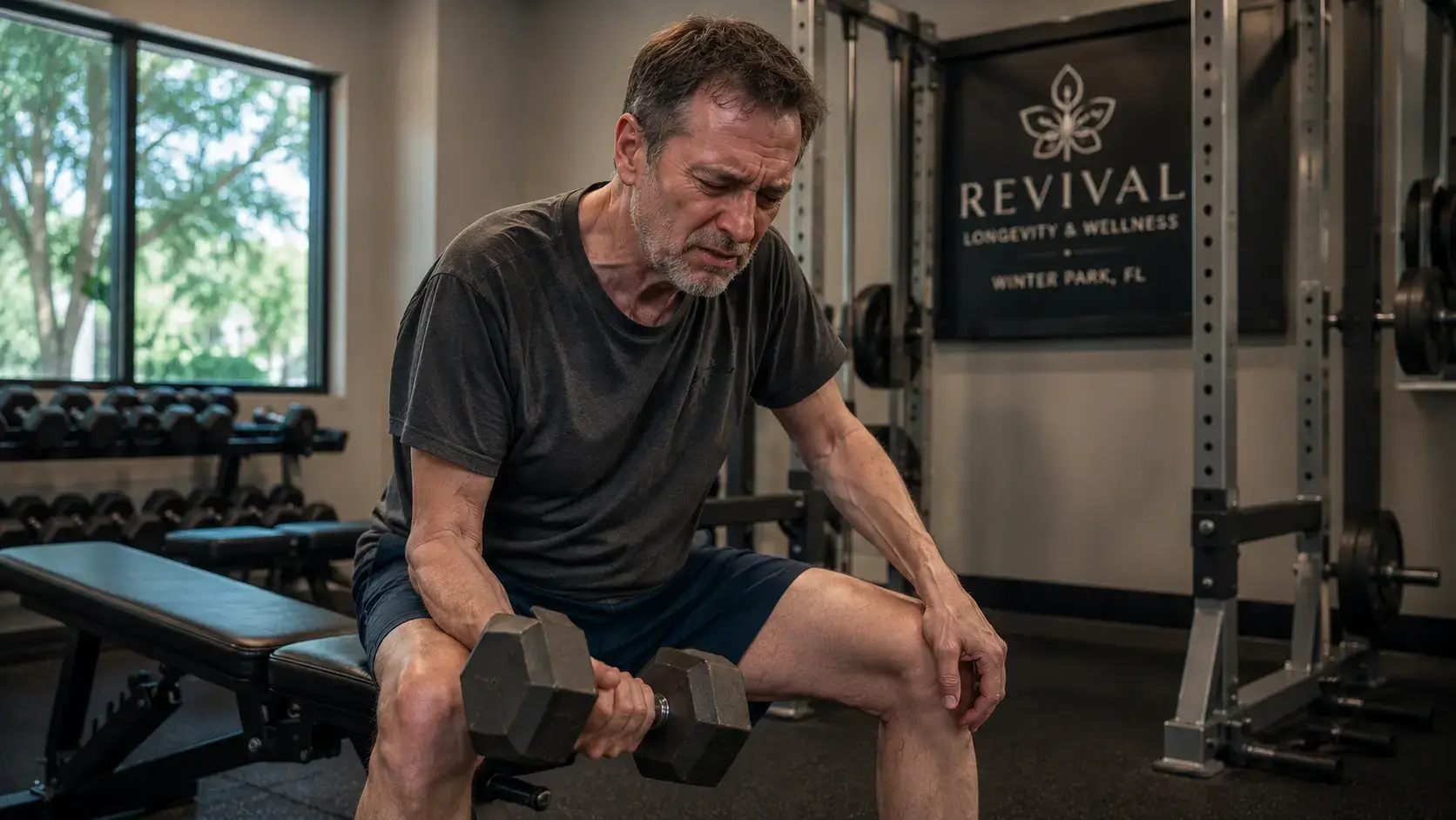 Winter Park professional man at gym experiencing difficulty building muscle and decreased physical performance due to low testosterone Winter Park professional man at gym experiencing difficulty building muscle and decreased physical performance due to low testosterone