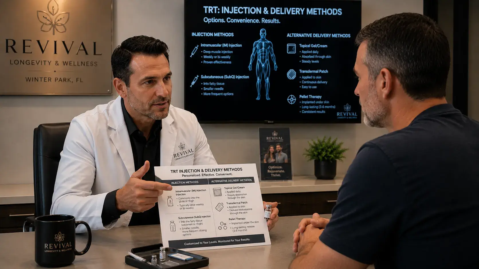 Various testosterone replacement therapy delivery methods including injections gels and pellets available at Revival Longevity & Wellness Winter Park