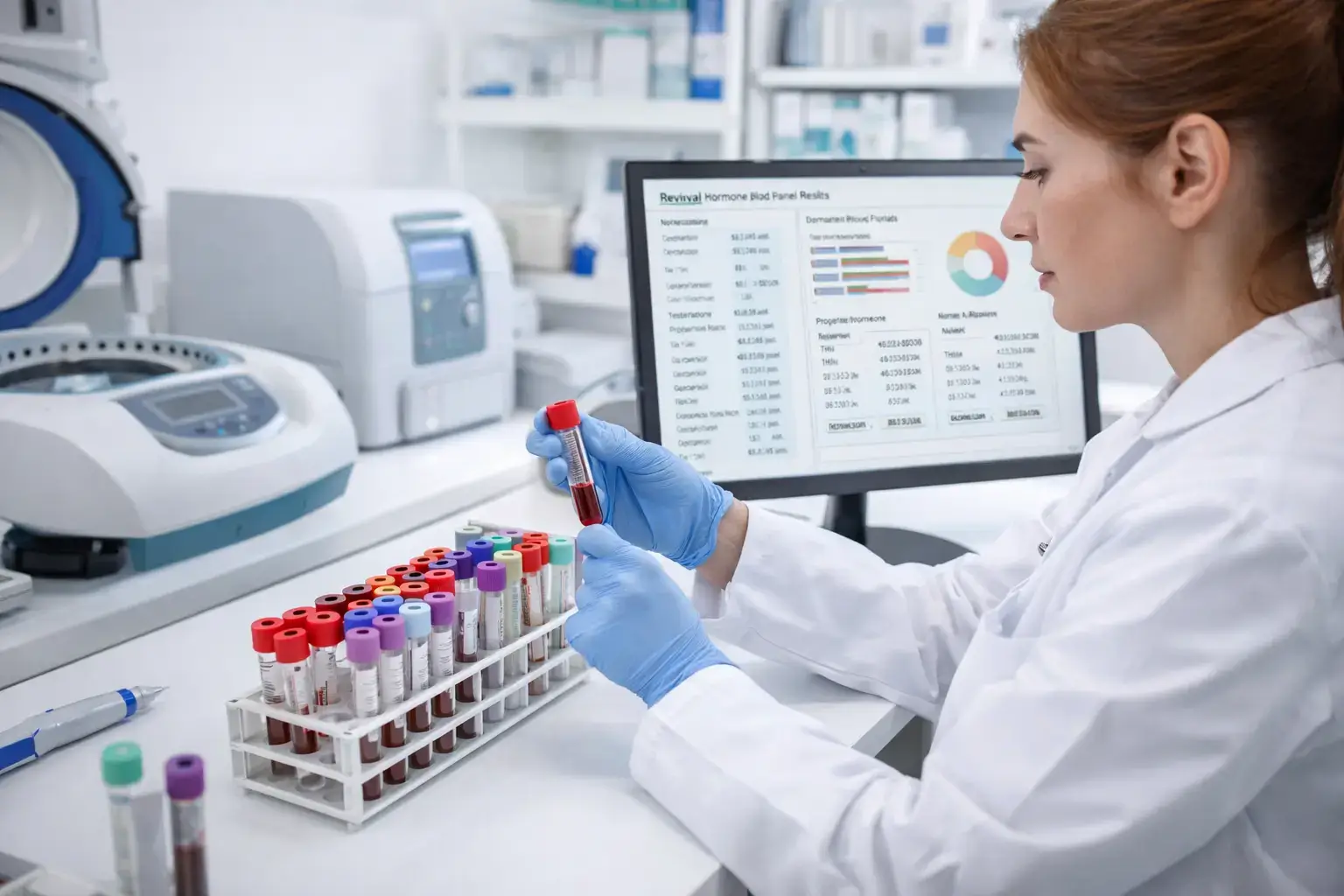 Laboratory technician processing comprehensive hormone blood panel at Revival Longevity & Wellness Winter Park Florida facility Laboratory technician processing comprehensive hormone blood panel at Revival Longevity & Wellness Winter Park Florida facility