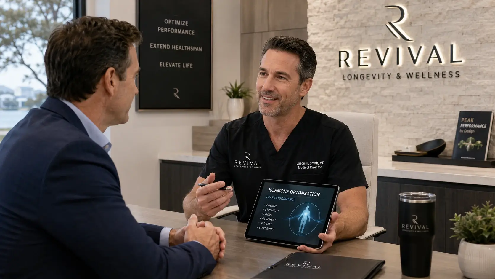 Winter Park business executive receiving hormone optimization consultation at Revival Longevity & Wellness for peak performance enhancement Winter Park business executive receiving hormone optimization consultation at Revival Longevity & Wellness for peak performance enhancement