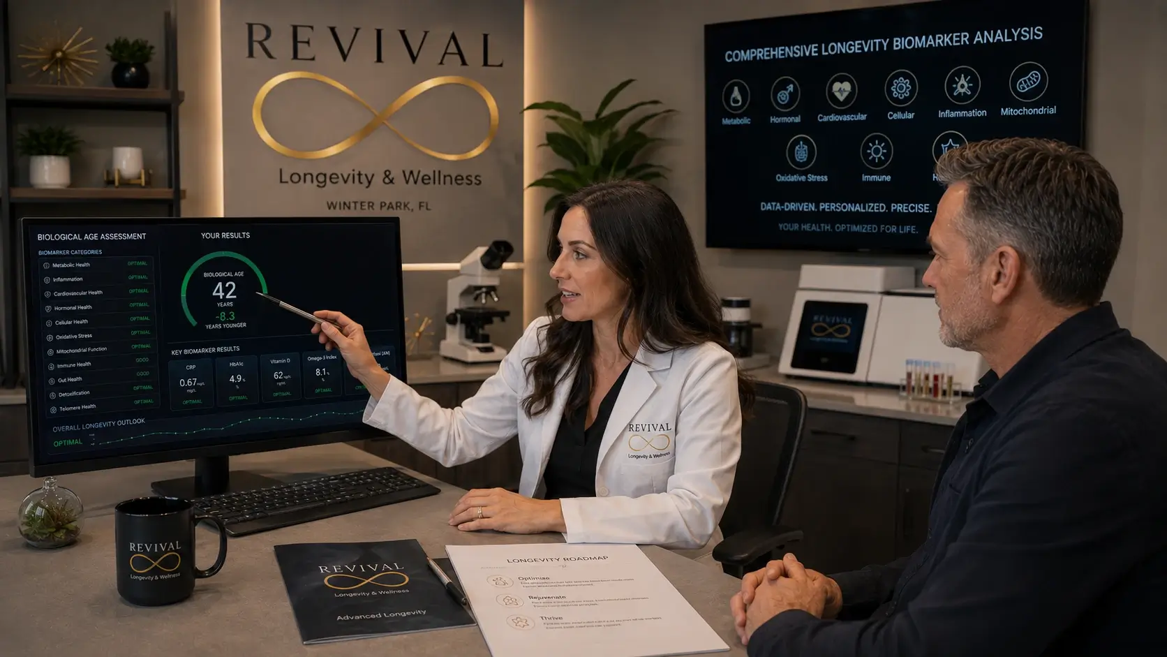 Advanced biological age testing laboratory analysis and consultation at Revival Longevity & Wellness Winter Park Florida showing comprehensive longevity biomarker assessment Advanced biological age testing laboratory analysis and consultation at Revival Longevity & Wellness Winter Park Florida showing comprehensive longevity biomarker assessment