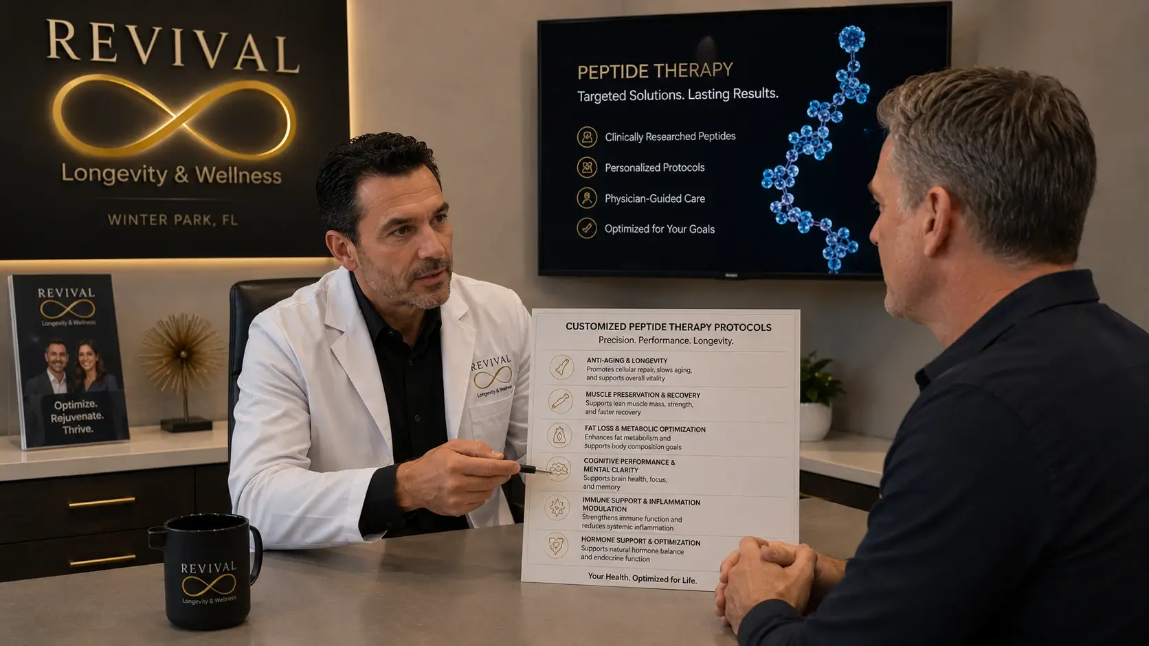Physician consulting with professional about customized peptide therapy protocols for longevity and anti-aging at Revival Longevity & Wellness Winter Park Florida Physician consulting with professional about customized peptide therapy protocols for longevity and anti-aging at Revival Longevity & Wellness Winter Park Florida