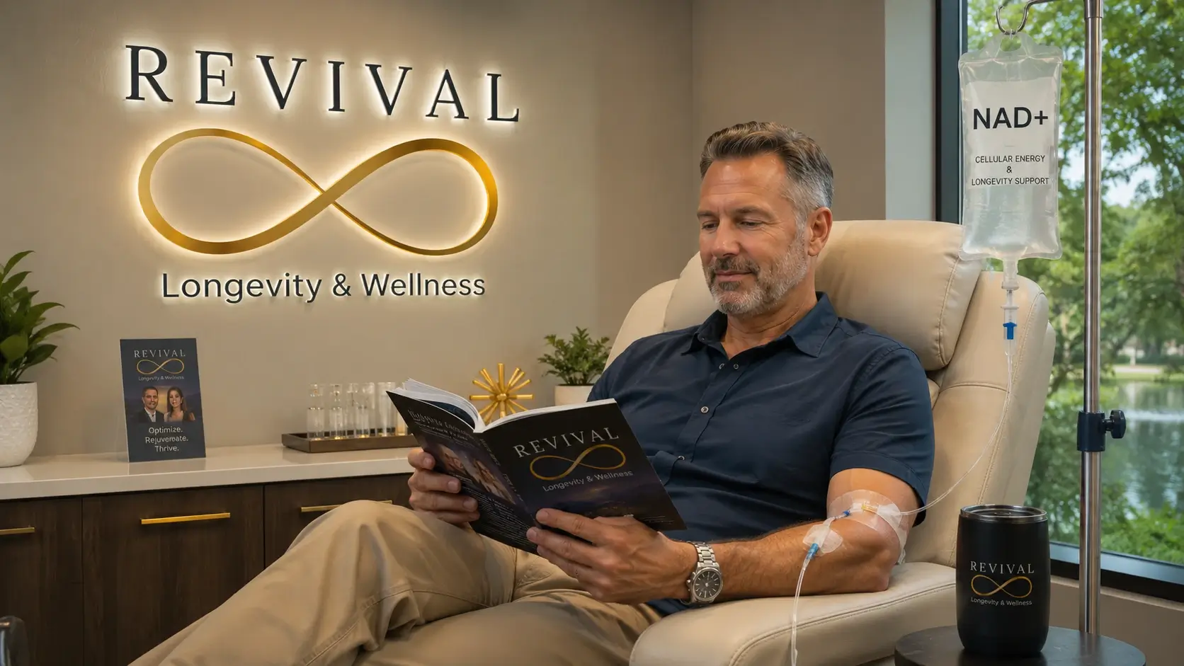 Patient receiving NAD+ intravenous therapy treatment for cellular energy and longevity at Revival Longevity & Wellness Winter Park Florida Patient receiving NAD+ intravenous therapy treatment for cellular energy and longevity at Revival Longevity & Wellness Winter Park Florida