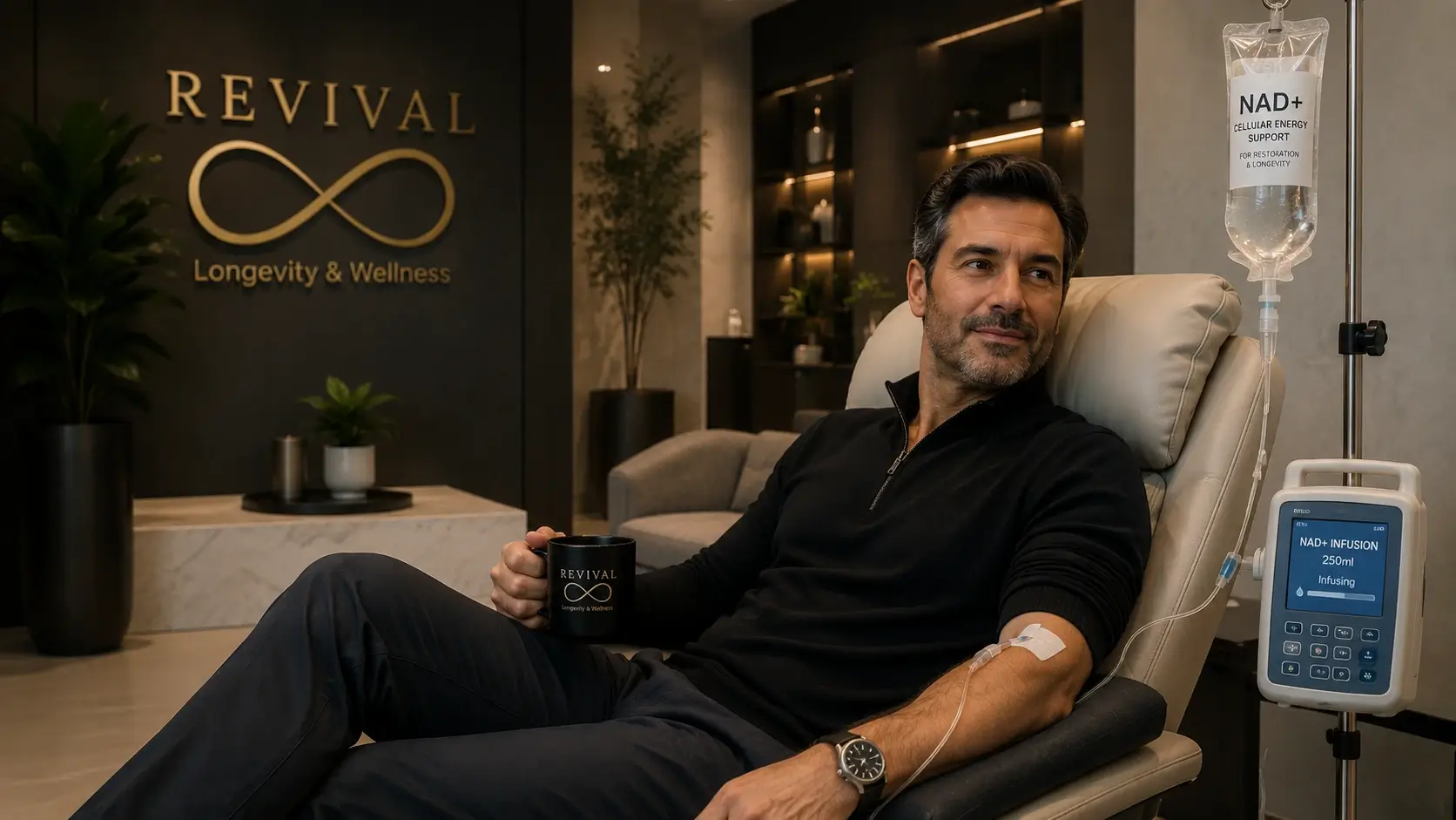 Professional receiving NAD+ intravenous infusion therapy for cellular energy restoration at Revival Longevity & Wellness Winter Park Florida clinic Professional receiving NAD+ intravenous infusion therapy for cellular energy restoration at Revival Longevity & Wellness Winter Park Florida clinic
