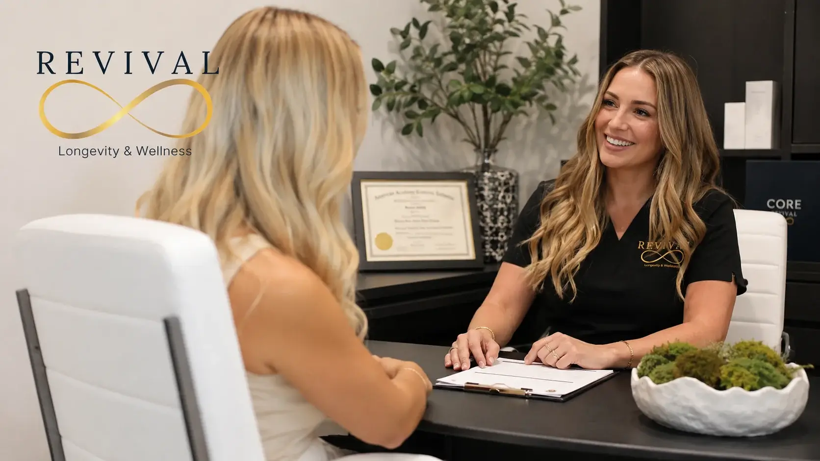 Medical professional reviewing peptide therapy progress and adjusting protocols for optimal longevity results at Revival Longevity & Wellness Winter Park Florida
