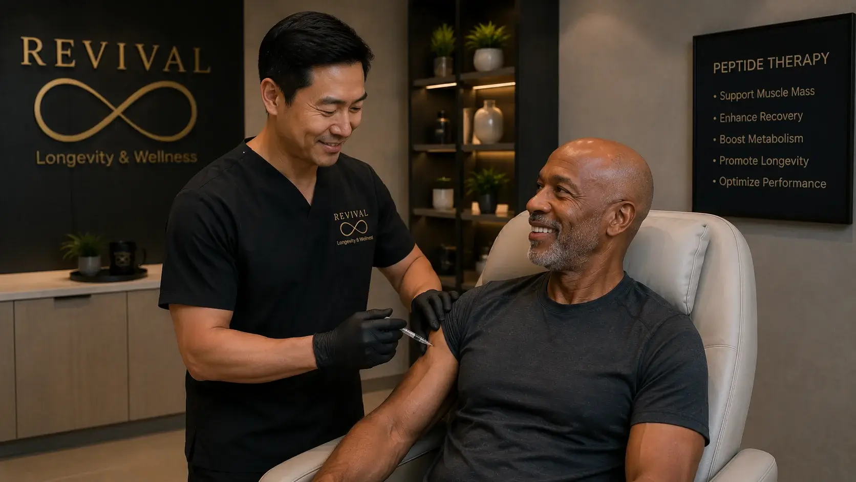 Healthcare provider administering peptide therapy injection as part of comprehensive longevity protocol at Revival Longevity & Wellness Winter Park Florida