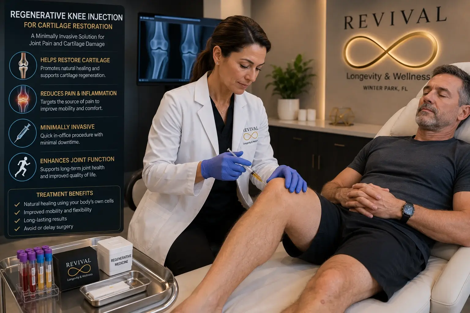 Regenerative medicine knee injection procedure for cartilage restoration at Revival Longevity & Wellness Winter Park Florida Regenerative medicine knee injection procedure for cartilage restoration at Revival Longevity & Wellness Winter Park Florida