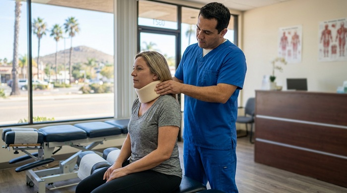 chiropractor evaluating a whiplash patient at Caruso Family Chiropractic