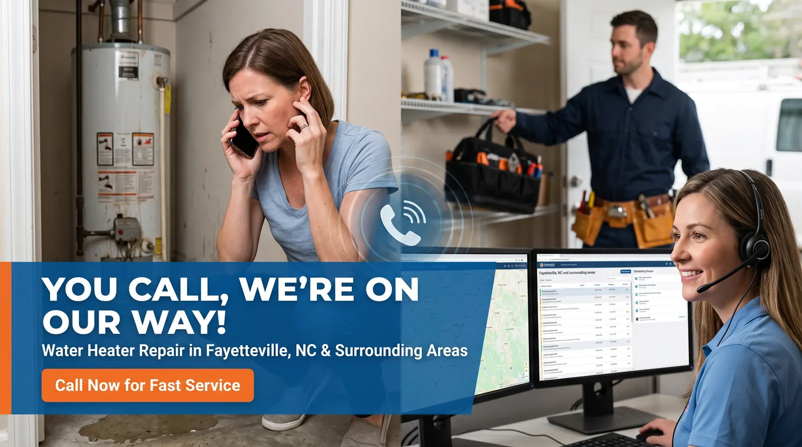 Homeowner calling for water heater repair in Fayetteville, NC while a technician gets ready to head out