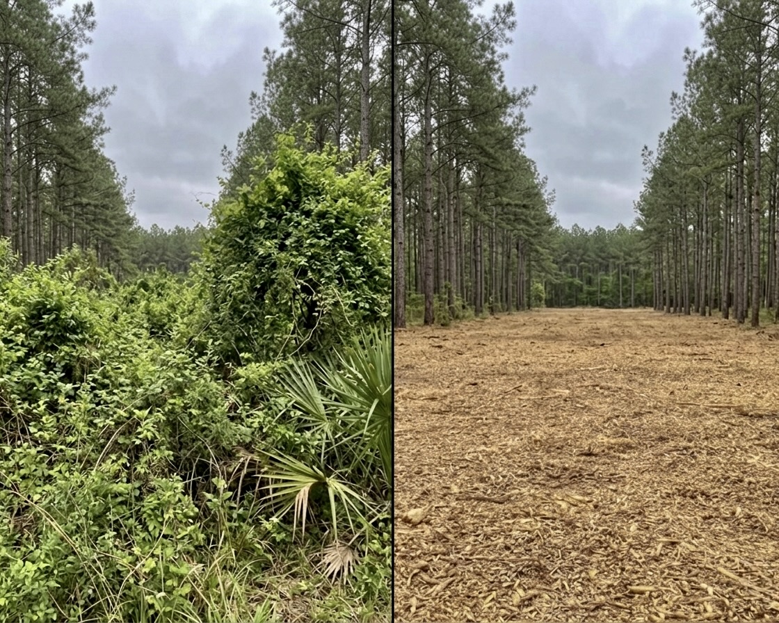 Before and after forestry mulching, thick brush and vines cleared between pines