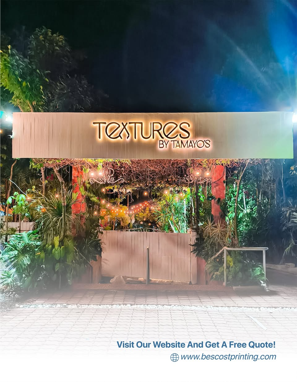 A custom outdoor signage project by Bescost Printing for “Textures by Tamayo’s,” showcasing illuminated branding and lush event styling.