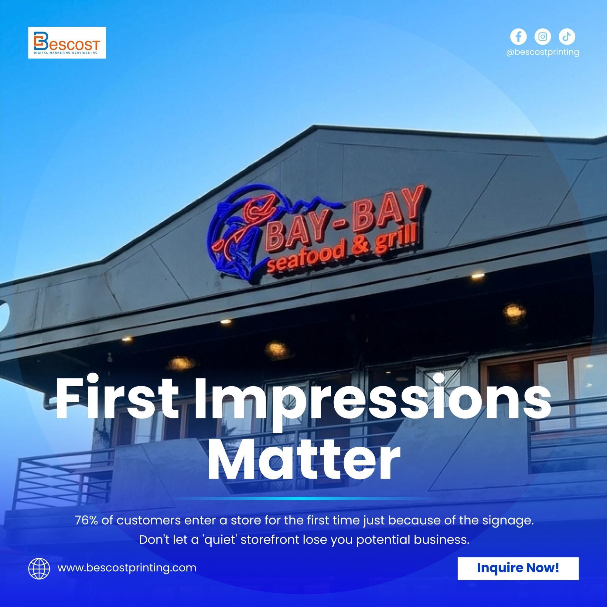 A bold and eye-catching storefront signage for Bay-Bay Seafood & Grill, designed and fabricated by Bescost Printing to attract attention and drive foot traffic.