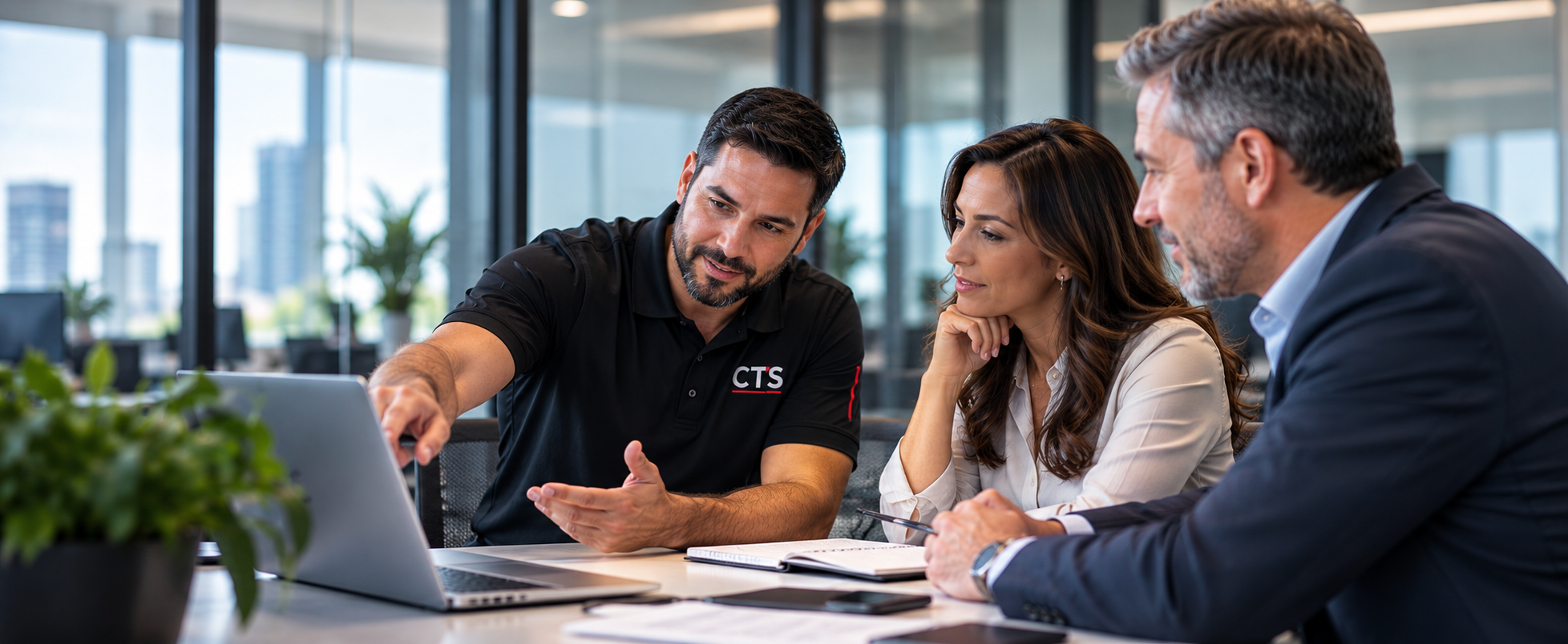 CTS specialist talking with two business clients in a modern office