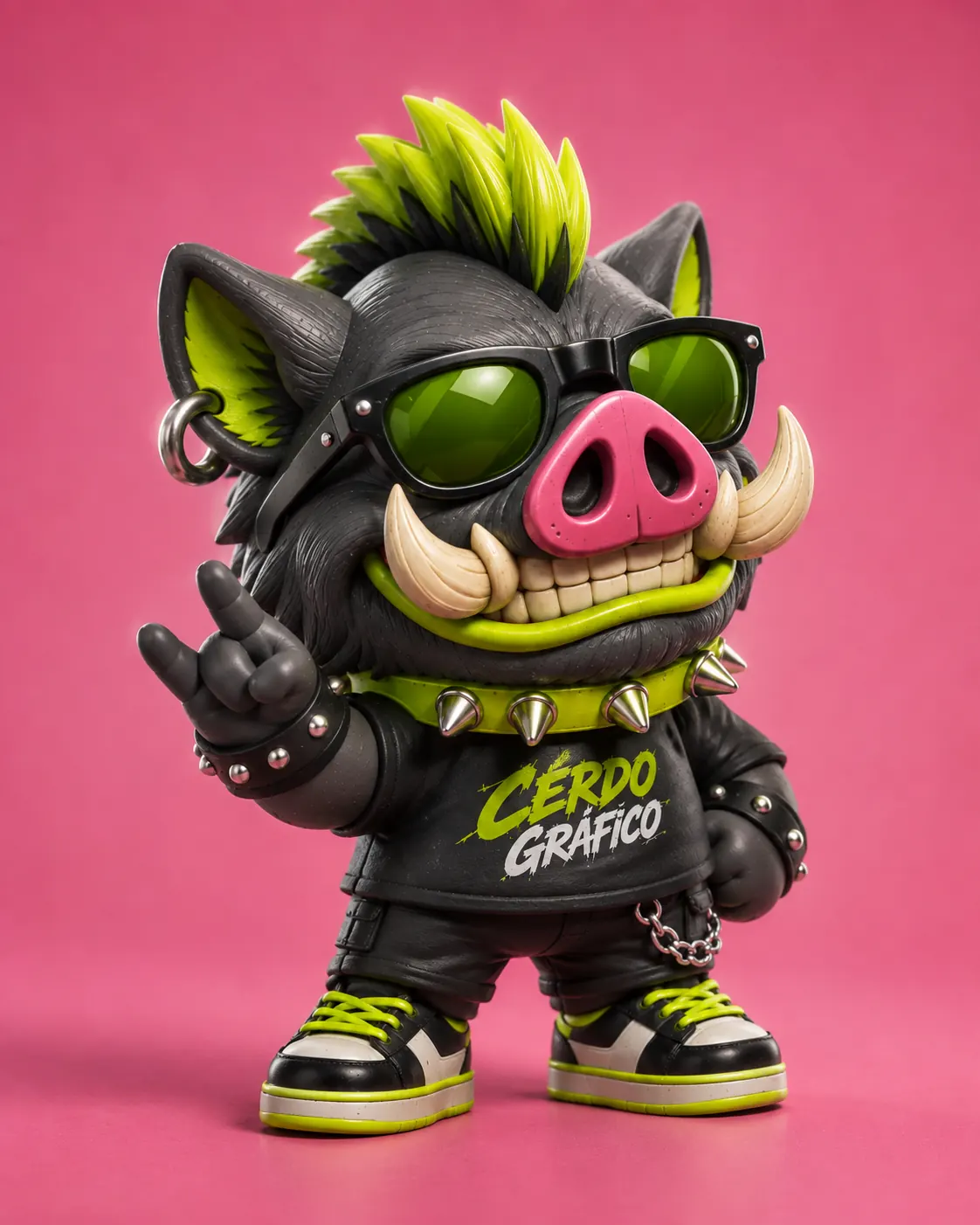Art Toy Cerdo Gráfico: jabalí negro con cresta verde limón, lentes oscuros y tenis