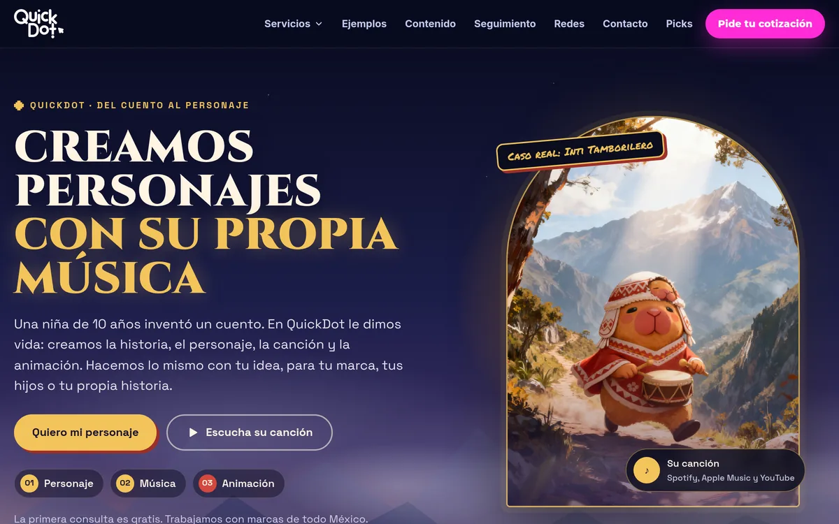 Inti Tamborilero: inicio de la página en computadora