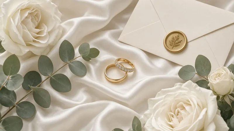 Anillos de boda y sobre con sello dorado