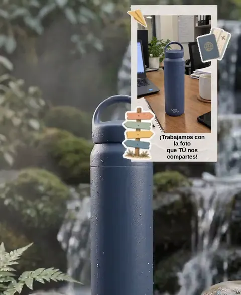 Creado con IA: el termo junto a una cascada