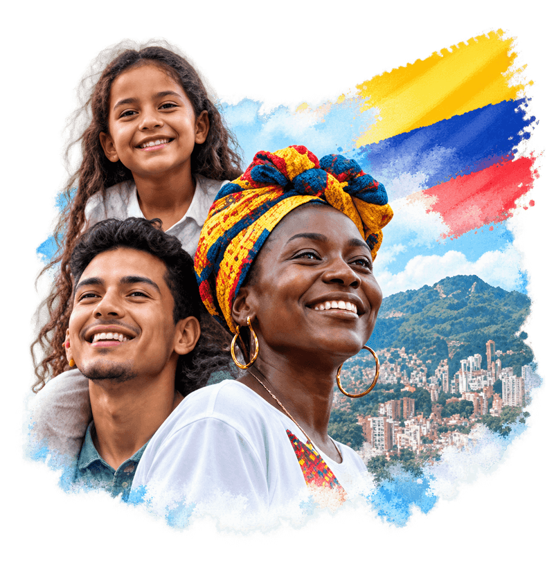 Tres personas colombianas sonriendo, junto a los colores de la bandera de Colombia y el paisaje de una ciudad, representando la diversidad del país.